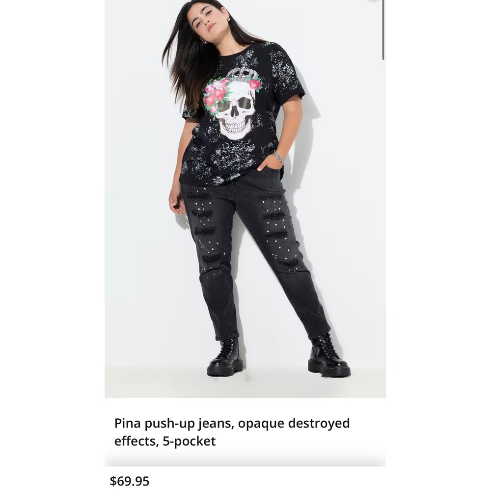 NWT Ulla Popken Pina Push Up Jeans Black Destroyed Paint Splatter 24W X123